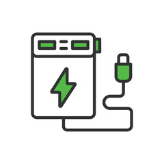 Power bank, in line design, green. Power, bank, portable, recharge, device, battery, technology, energy on white background vector. Power bank editable stroke icon.