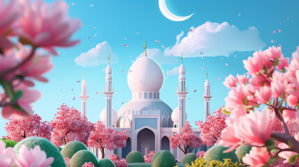 3d cartoon style mosque with crescent moon and trees with pink flowers background for eid mubarrak