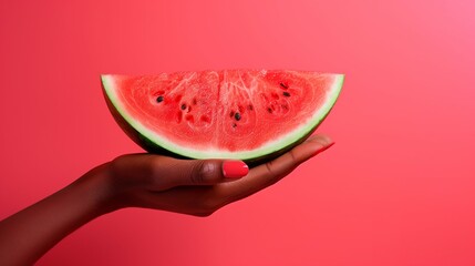 Woman's hand holding a perfectly sliced piece of juicy watermelon with a pink backdrop. Minimal...