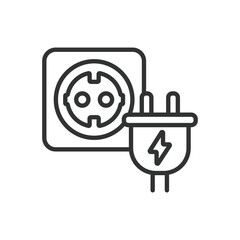 Plug in, in line design. Plug in, plug, socket, electrical, outlet on white background vector. Plug in editable stroke icon.