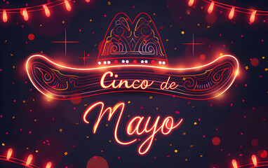 Red sombrero made of neon light on black background. Festive banner with lettering design. Cinco de mayo party poster. Dia de Los Muertos. Template for Traditional Mexican culture holiday. Fiesta.