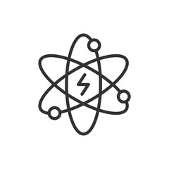 Atomic energy, in line design. Atomic energy, nuclear, power, reactor, uranium, fission, radiation on white background vector. Atomic energy editable stroke icon.