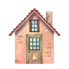 Cottage house facade illustration. Watercolor hand painted front view house with tiled roof, chimney and detailed entrance. Cute rustic house drawing