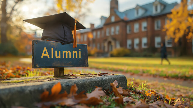 Alumni Pride with Graduation Cap. ALUMNI sign in front of an academic building