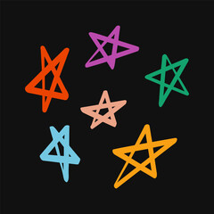 Hand drawn colorful stars set. Marker, brush stroke quirky stars. Vector doodle illustrations in a playful style