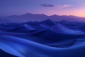 wavy patterns of blue sand dunes at dusk, highlighting the alien landscape and serenity of the desert at dusk