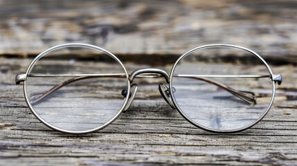   A pair of glasses resting atop one piece of wood Nearby, another piece of wood bears a metal object