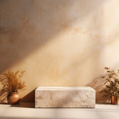 Gold minimalistic abstract empty stone wall mockup background for product presentation. Neutral industrial interior with light, plants, and shadow 