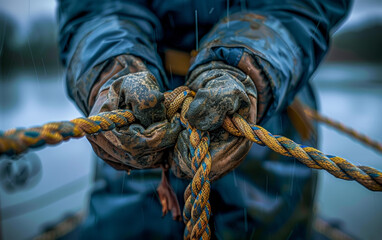 Obraz premium Close-up of a man's hands holding a rope on a fishing boat