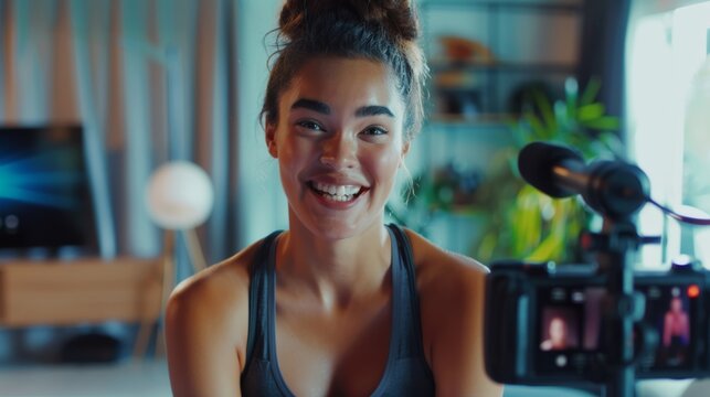 woman athlete making vlog explaining how to workout, talking and smiling, modern room house background