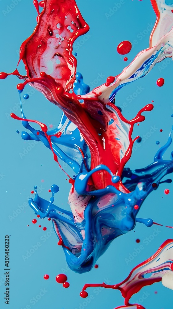 Poster mix of red white blue color paints with blended drops on fluid while forming abstract patterns again
