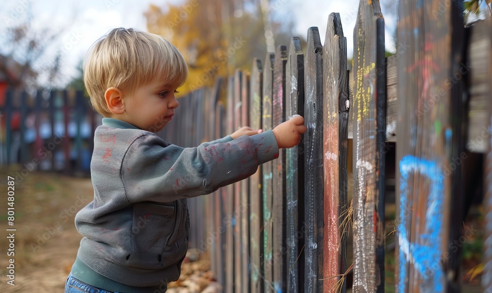 Wall mural a small boy draws on a new wooden fence with white chalk