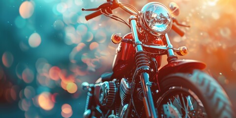 Close-up of a red motorcycle with a bokeh light background