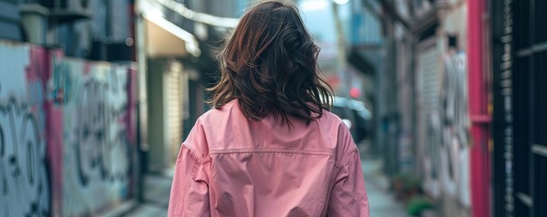 Rear view of woman in pink jacket walking down the street