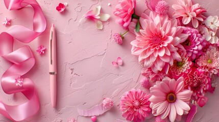   A pink background with pink flowers on the right side, a pen, and a pink ribbon on the left