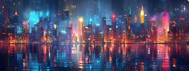 An abstract interpretation of a city skyline at night, with glowing lights and reflections.