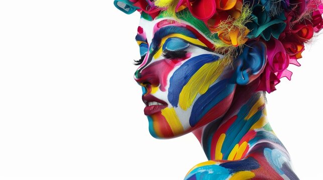 The vibrant and colorful body paint serves as a canvas for a unique body art concept