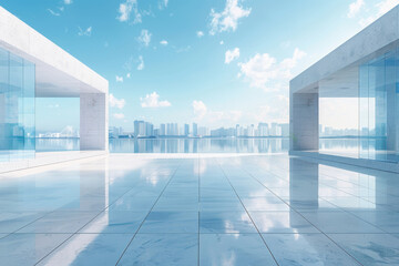 Fototapeta premium Modern buildings by the lake. The modern urban skyline is in the background.