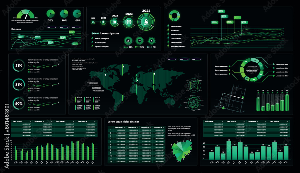 Fototapete a set of high-tech interface components. electronic panel display displays abstract graphics and inf