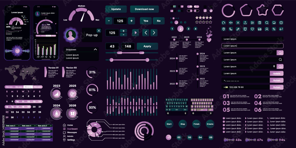 Poster a set of high-tech interface components. electronic panel display displays abstract graphics and inf