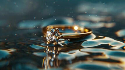 Showcase the enchanting allure of a gold diamond ring as it gracefully hovers on the water's surface