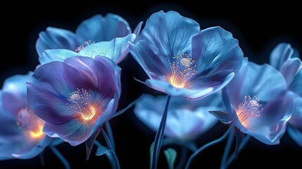   A close-up of several flowers against a dark backdrop with prominent blue and purple blooms in the foreground