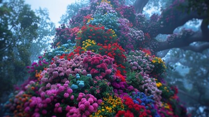 Fototapeta na wymiar A dense cluster of vibrant blossoms thriving on a tree amidst a park during a hazy morning