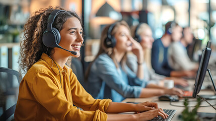 Attractive female customer service agent with headset working in call center - Powered by Adobe