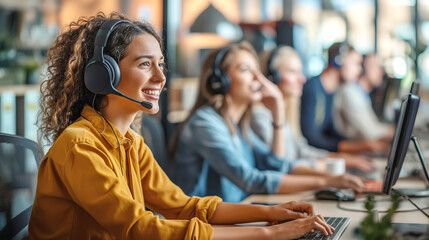 Attractive female customer service agent with headset working in call center