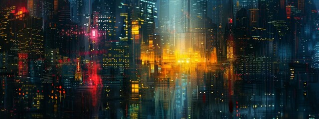 Fototapeta premium An abstract interpretation of a city skyline at night, with glowing lights and reflections.