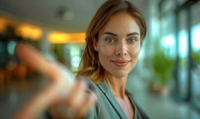 Portrait of a beautiful businesswoman pointing with her finger at the camera.