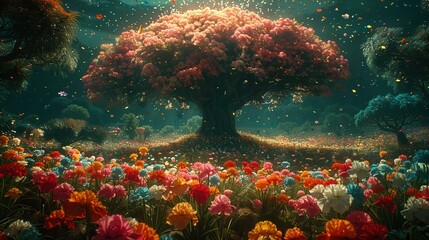   A tree stands alone in a field surrounded by colorful flowers and fluttering butterflies