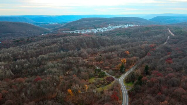 Aerial landscape of road and scenery in Fall around abandoned coal town Centralia Pennsylvania