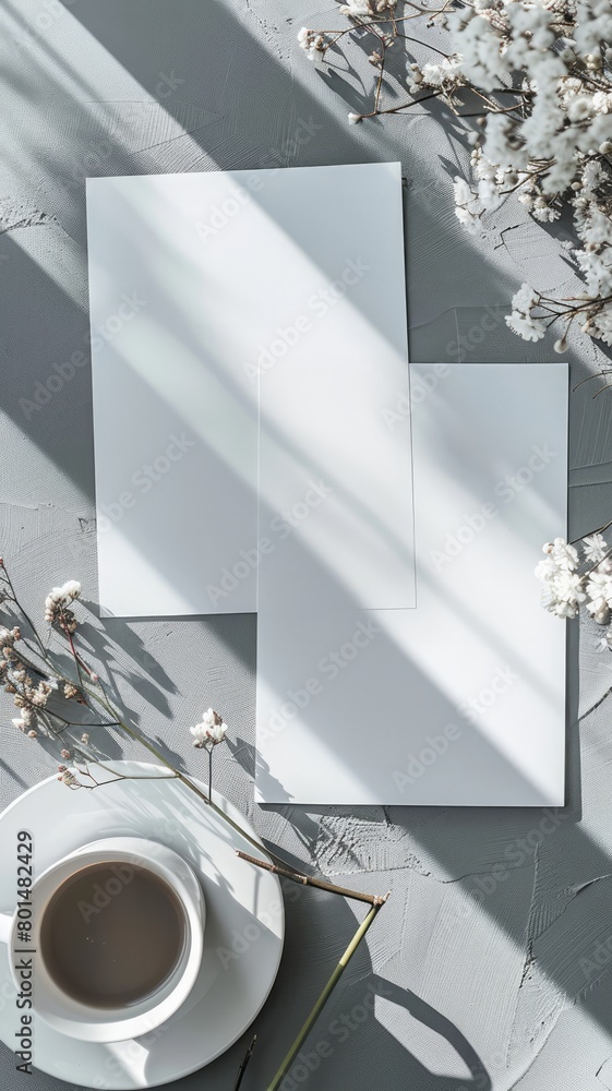 Poster a white cup with a white saucer sits on a table next to a stack of white paper. the paper is blank a