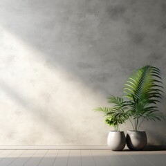 Gray minimalistic abstract empty stone wall mockup background for product presentation. Neutral industrial interior with light, plants, and shadow 