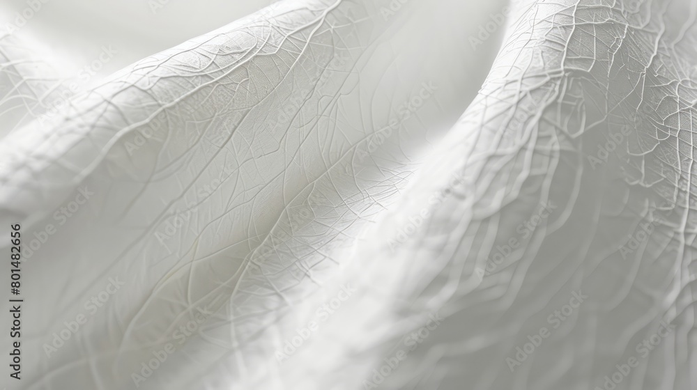Aufkleber A white fabric with a pattern of leaves and branches. The fabric is folded and has a texture that resembles the veins of a leaf. Scene is serene and calming, as the white fabric