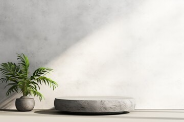Gray minimalistic abstract empty stone wall mockup background for product presentation. Neutral industrial interior with light, plants, and shadow 