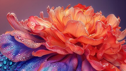   A close-up of a red, orange, and blue flower with water droplets on its petals
