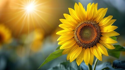   A sunflower in a field with sunlight