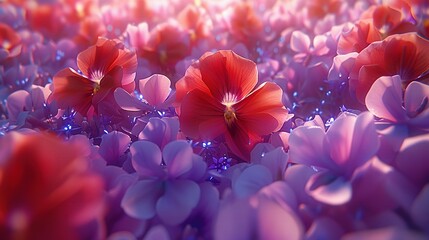   Red and Purple Flowers in Field of Blue and Purple Flowers with Bright Light Background - Powered by Adobe
