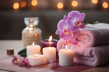  A spa scene with pink orchid flowers, lit candles