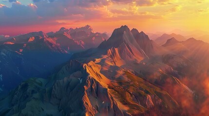 majestic mountain peaks and valleys illuminated by a fiery sunset aerial landscape view 3d illustration