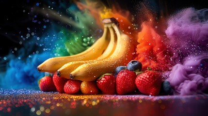   A colorful arrangement of bananas, strawberries, and blueberries against a vibrant rainbow...