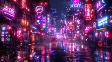   Neon signs illuminate the city street during nighttime, while rain adds to the ambiance as people walk down the wet pavement