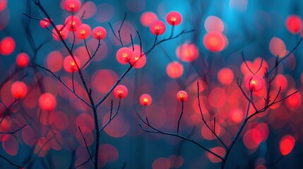    a tree branch with red lights in the backdrop and a blurred light effect in the foreground