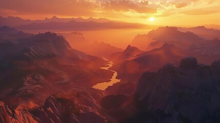 majestic mountain peaks and valleys illuminated by a fiery sunset aerial landscape view 3d illustration