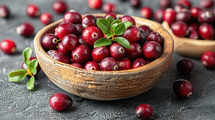   Wooden bowl holds cranberries, leaf-topped second bowl nearby