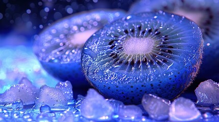   Kiwi fruit close-up on blue surface with ice cubes and water drops