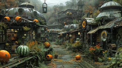   A painting depicts a small town surrounded by sprawling pumpkin fields In the distance, a lone train chugs along the tracks