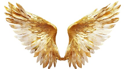 majestic pair of golden angel wings with detailed feathers isolated on white